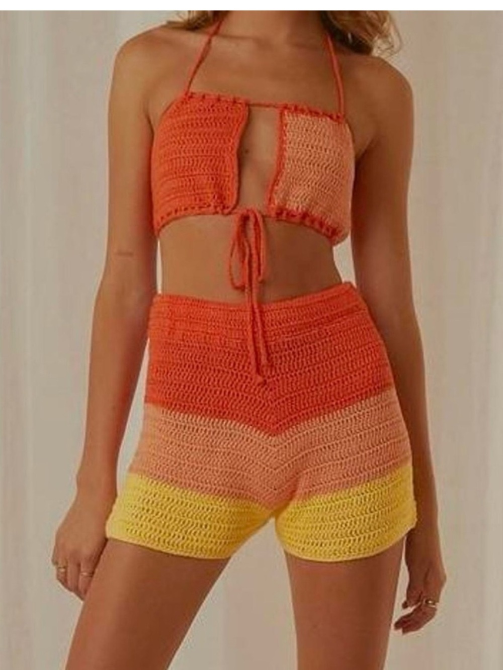 Peppermayo Orange to Yellow Crochet Set Halter Shorts